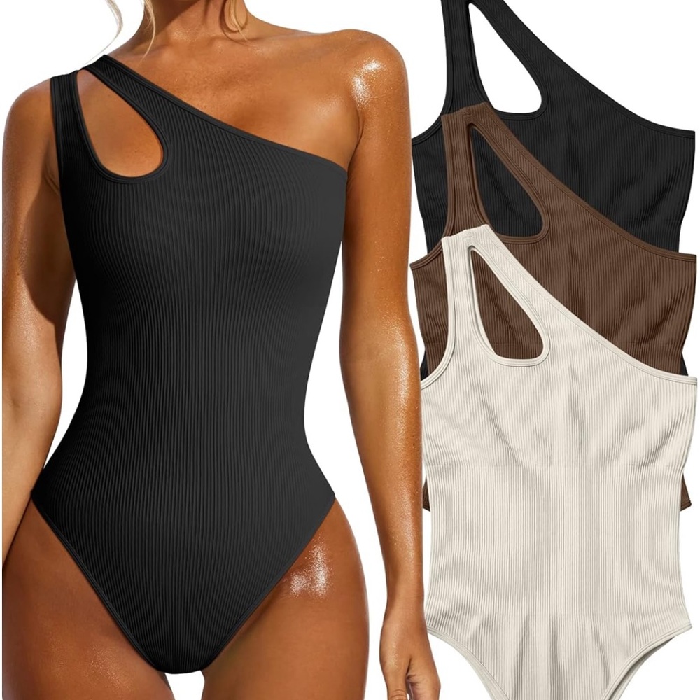 3 Piece Bodysuits Sexy Ribbed Sleeveless One Shoulder Tank Tops Bodysuits